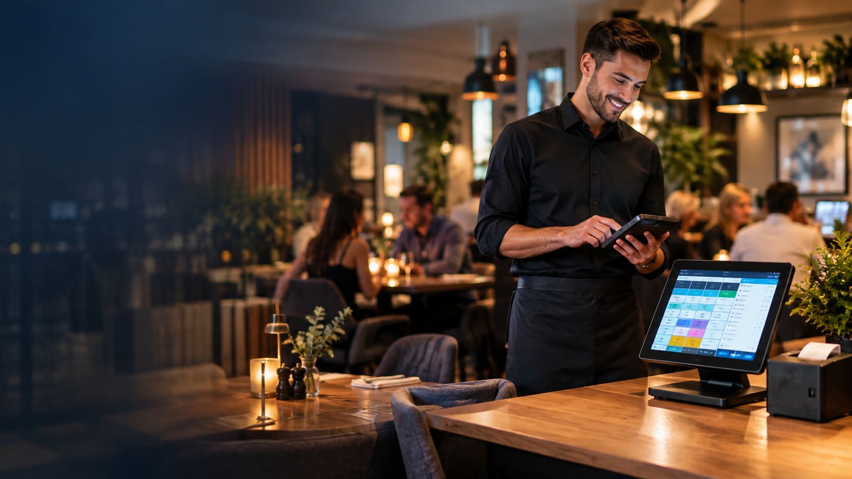 Restaurant team using an EPOS system during service